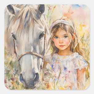 A Little Girl with a Horse Square Sticker