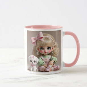 A little girl with a pink knot and a white puppy. mug