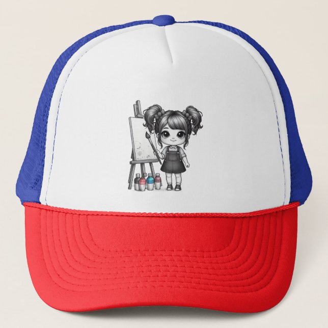 a little girl with her paint kit trucker hat (Front)