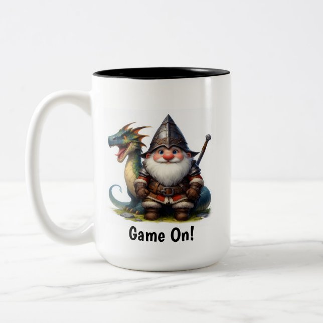 A Little Gnome Warrior Posing with his Dragon Two-Tone Coffee Mug (Left)