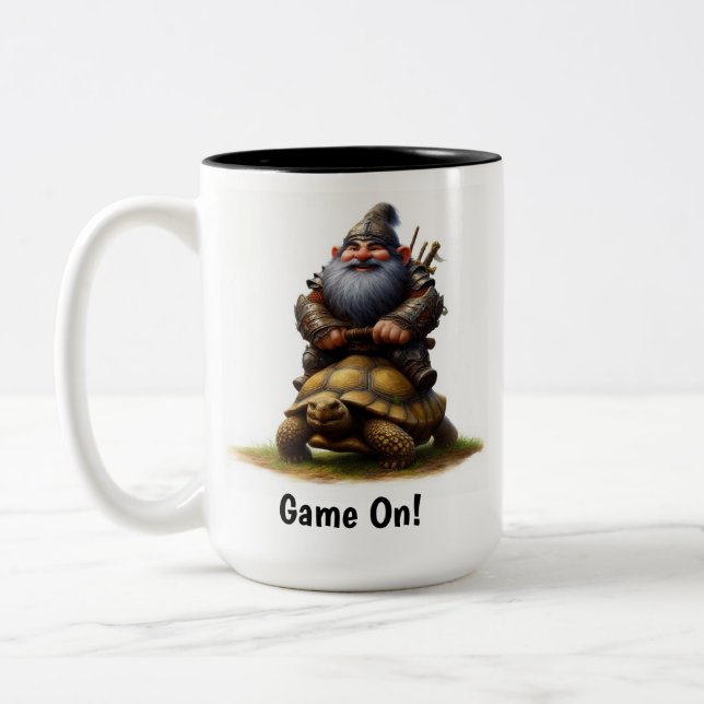 A Little Gnome Warrior Posing with his Tortoise Two-Tone Coffee Mug (Left)