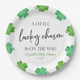 A Little Lucky Charm Green Clover Baby Shower Paper Plate