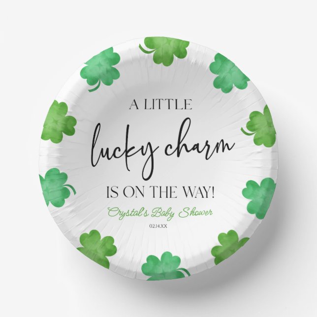 A Little Lucky Charm Green Clover Baby Shower Paper Plate (Front)