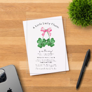 A Little Lucky Charm Shamrock Coquette Bow Acrylic Invitations