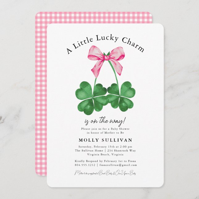 A Little Lucky Charm Shamrock Coquette Bow  Invitation (Front/Back)