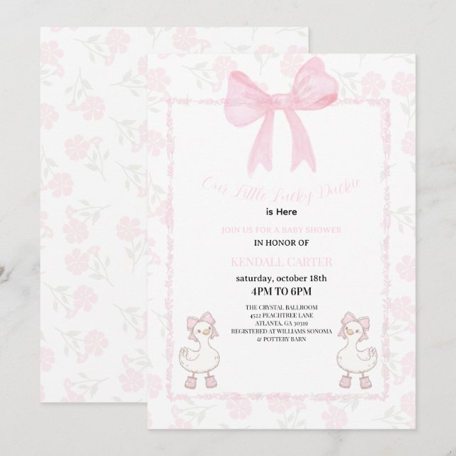 A Little Lucky Duckie Pink Bow Floral Baby Shower Invitation (Front/Back)