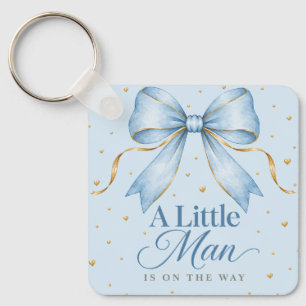 A Little Man Dusty Blue Bow Baby Boy Shower Keychain