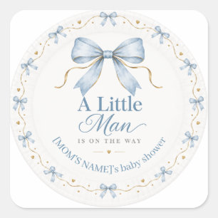 A Little Man Dusty Blue Bow Baby Boy Shower Paper Square Sticker