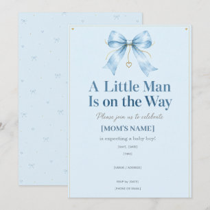 A Little Man Is on the Way Dusty Blue Bow Baby  Invitation