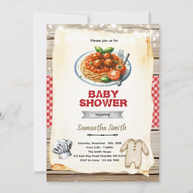 A Little Meatball pasta Baby Shower Invitation (Front)