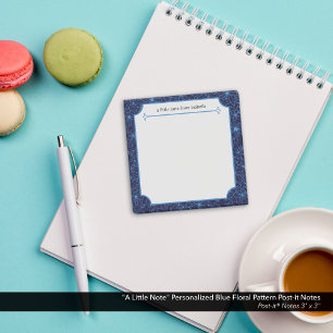 "A Little Note" Personalized Blue Floral Pattern Post-it Notes