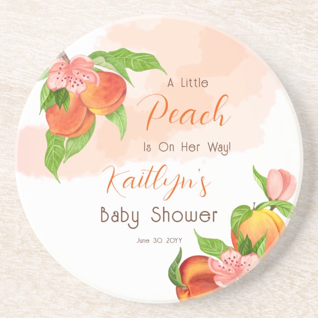 A Little Peach Is On Her Way Girl Baby Shower Coaster (Front)
