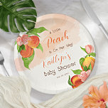 A Little Peach Is On Her Way Girl Baby Shower Paper Plate<br><div class="desc">Celebrate the upcoming arrival of a precious baby girl with our enchanting "A Little Peach Is On Her Way!" baby shower template. This delightful design showcases a graceful peach fruit branch adorned with luscious peaches and delicate blossoms, all set against a soothing peach-coloured watercolor background. The bottom frame features charming...</div>