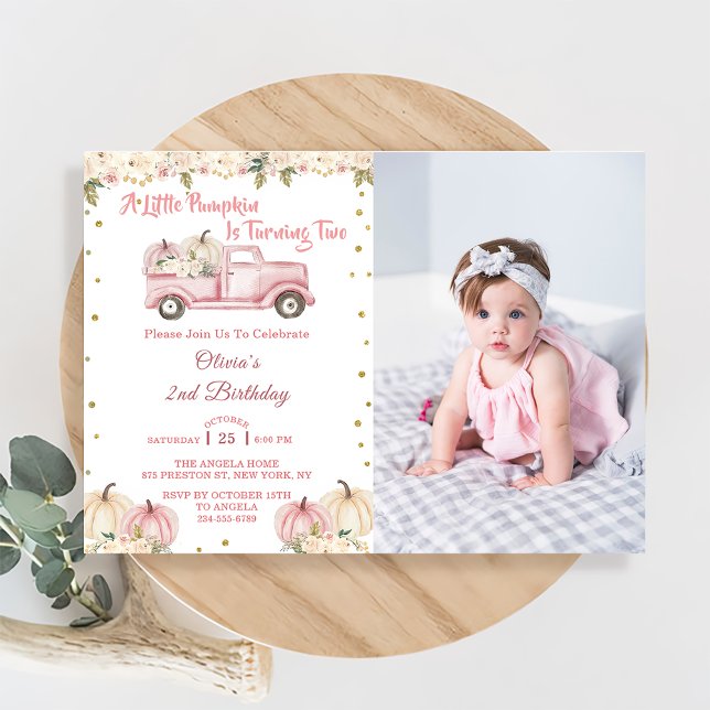 A Little Pumpkin 2nd Birthday Pink Truck  Invitation (Creator Uploaded)