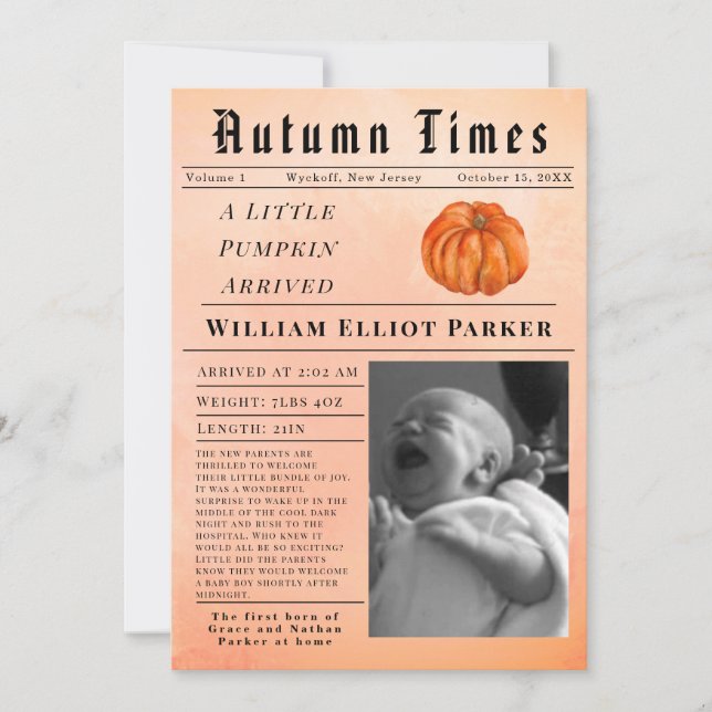A little pumpkin arrived Autumn Birth Announcement (Front)