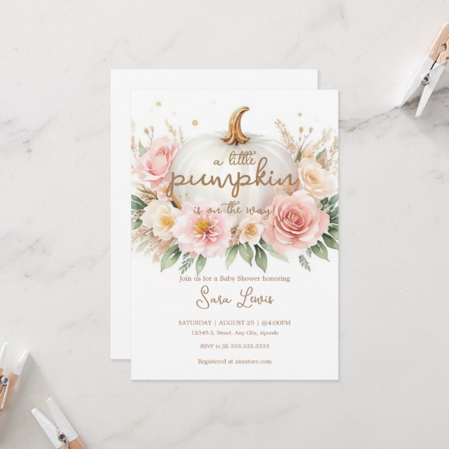 A Little Pumpkin Autumn Fall Floral Baby Shower  Invitation (Front/Back In Situ)
