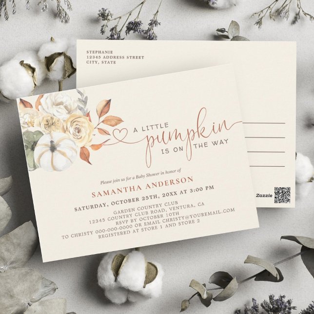 A Little Pumpkin Autumn Floral Baby Shower Invite Postcard (A Little Pumpkin is on the way postcard invitation is an easy way to invite guests to your shower.)