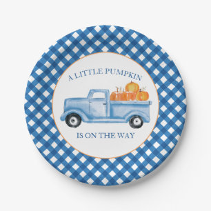 A Little Pumpkin blue truck fall baby shower Paper Plate