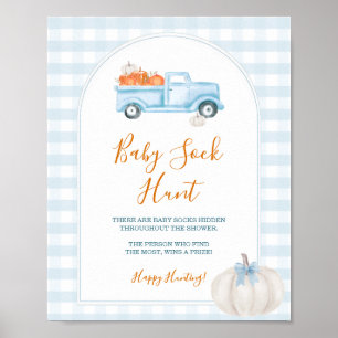 A Little Pumpkin Blue Truck Gingham Baby Sock Hunt Poster
