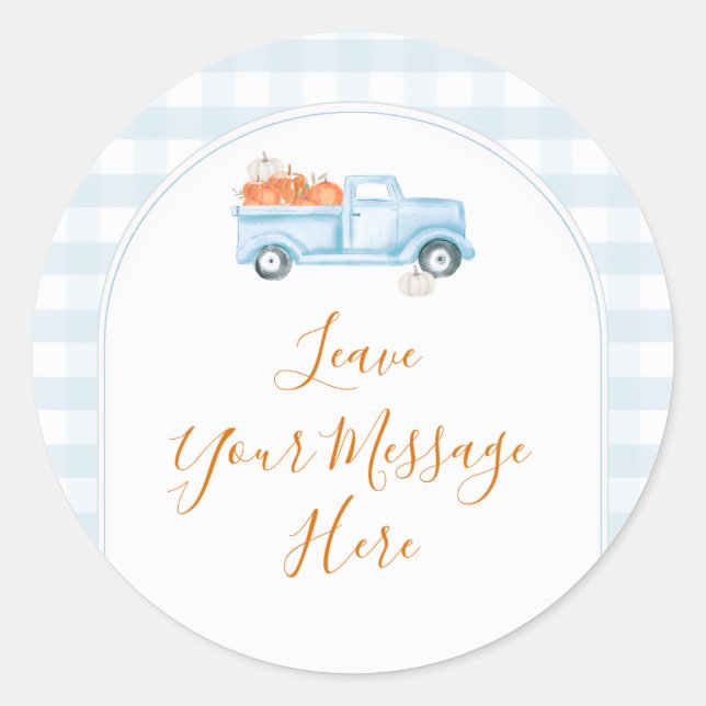 A Little Pumpkin Blue Truck Gingham Your Message Classic Round Sticker (Front)