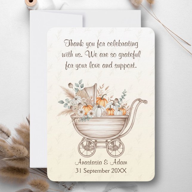 A Little Pumpkin Boho Baby Shower  Thank You Card (A Little Pumpkin Is On The Way Baby Shower Thank You Card with rustic baby carriage)