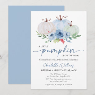 A Little Pumpkin Fall Autumn Blue Boy Baby Shower Invitation