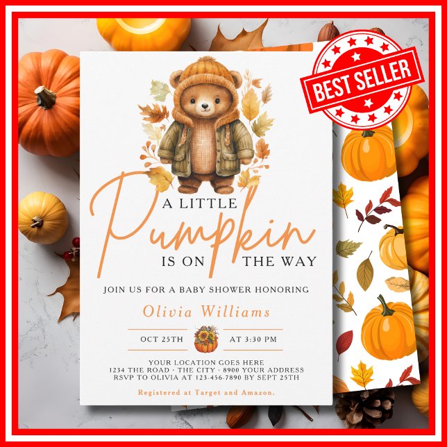 A Little Pumpkin Fall Autumn CUTE BEAR Baby Shower Invitation (A Little Pumpkin is on the Way Fall Autumn CUTE BEAR Baby Shower Invitation)