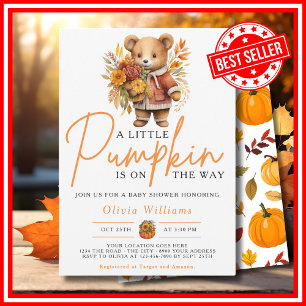 A Little Pumpkin Fall Autumn CUTE BEAR Baby Shower Invitation