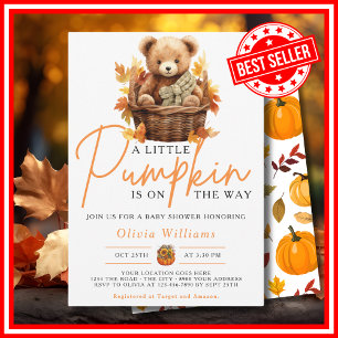 A Little Pumpkin Fall Autumn CUTE BEAR Baby Shower Invitation