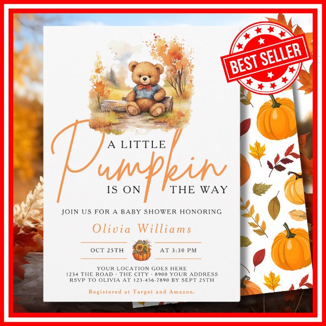 A Little Pumpkin Fall Autumn CUTE BEAR Baby Shower Invitation (A Little Pumpkin is on the Way Fall Autumn CUTE BEAR Baby Shower Invitation)
