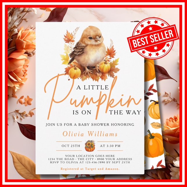 A Little Pumpkin Fall Autumn CUTE BIRD Baby Shower Invitation (A Little Pumpkin is on the Way Fall Autumn CUTE BIRD Baby Shower Invitation)