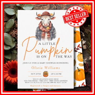 A Little Pumpkin Fall Autumn CUTE COW Baby Shower Invitation