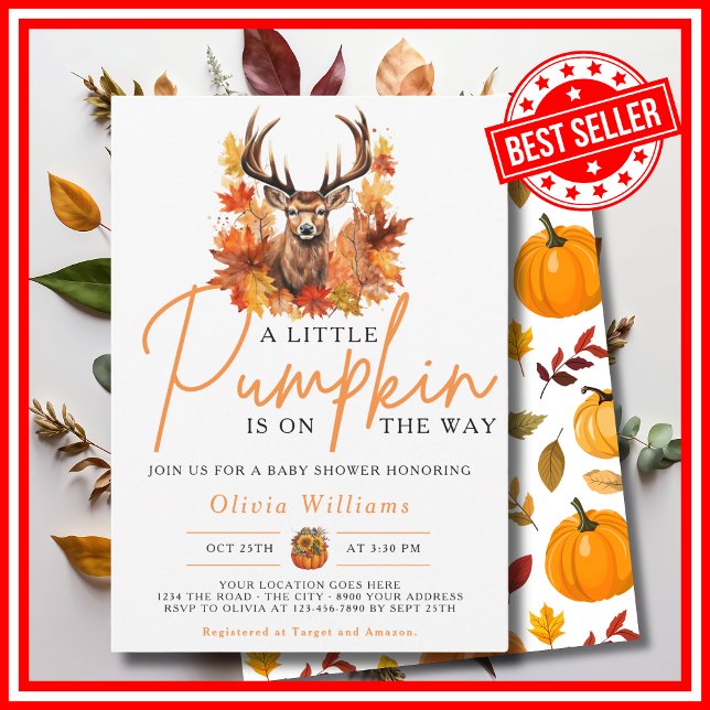 A Little Pumpkin Fall Autumn DEER Baby Shower Invitation (A Little Pumpkin is on the Way Fall Autumn CUTE DEER Baby Shower Invitation)