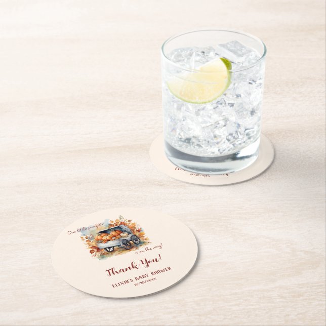 A Little Pumpkin Fall Baby Shower | Gender Neutral Round Paper Coaster (Insitu)