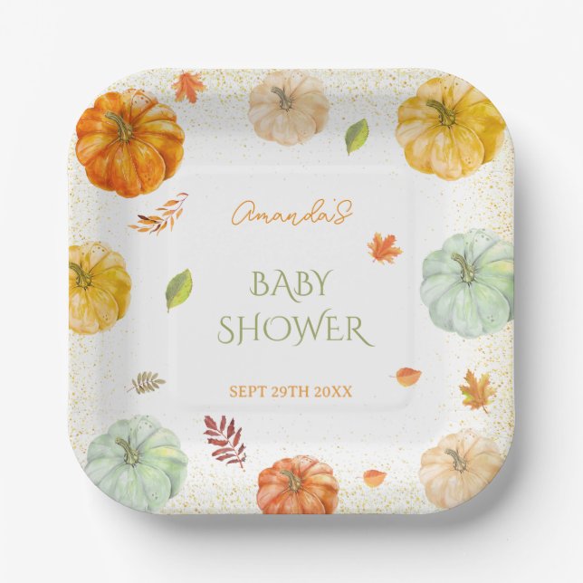 A Little Pumpkin Fall Botanical Baby Shower  Paper Plate (Front)