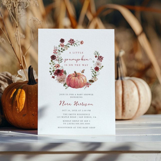 A Little Pumpkin Fall Floral Wreath Baby Shower Invitation (Creator Uploaded)