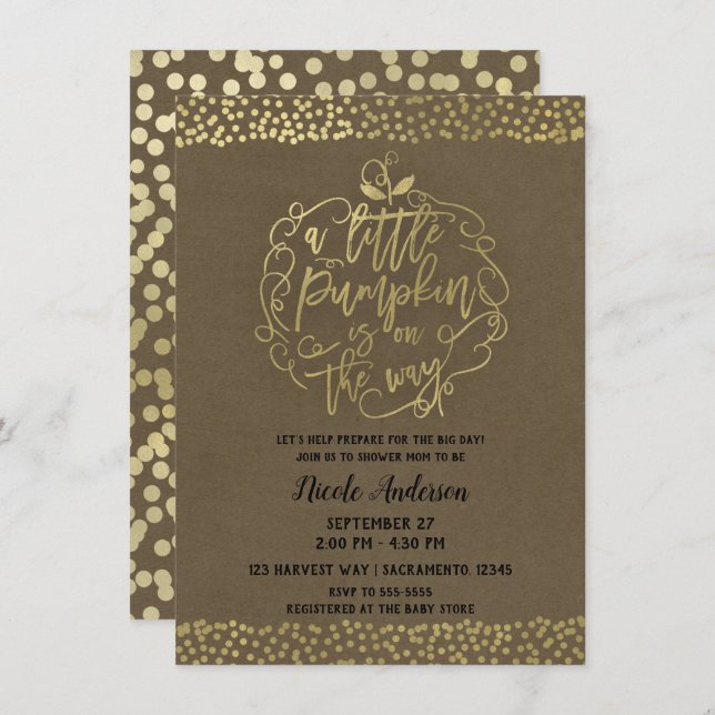 A little Pumpkin Fall Rustic Gold Baby Shower Invitation (Front/Back)