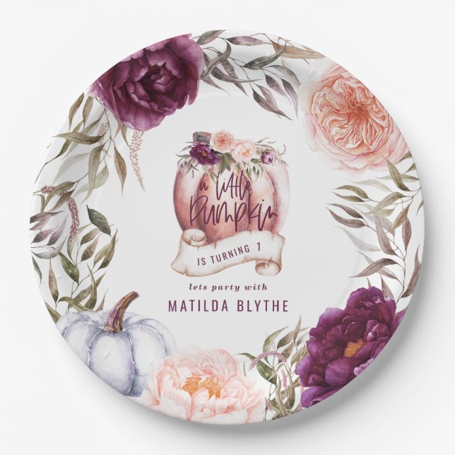 A little pumpkin floral fall 1st birthday party paper plate (Front)