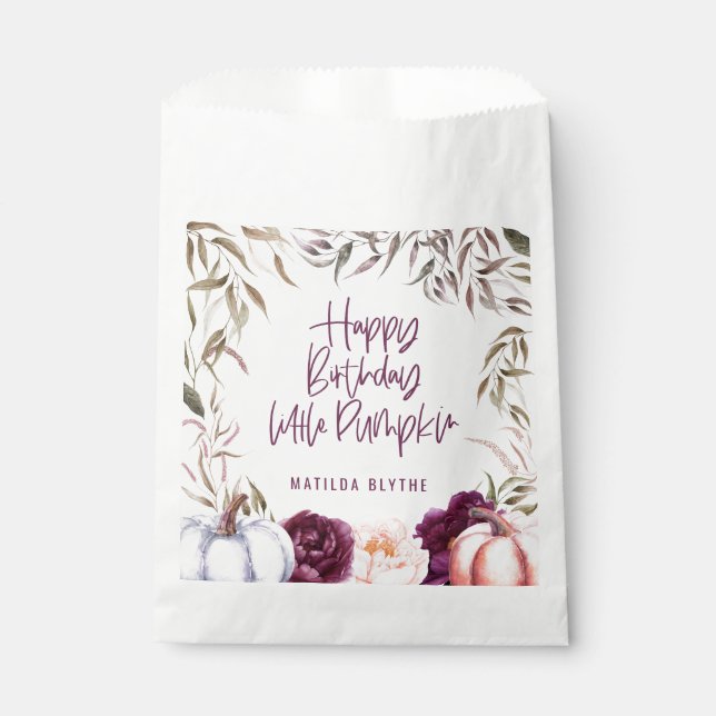 A little pumpkin floral fall birthday party favour bag (Front)