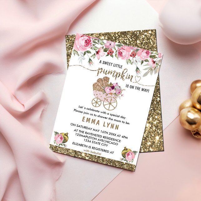 A Little Pumpkin Girl Baby Shower Invitation (#zazzlemade #fallbabyshower #gold #babygirl #asweetlittlepumpkin #babycargold,handmade #original)