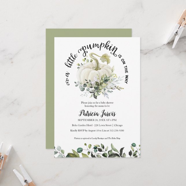 A Little Pumpkin Greenery Baby Shower Invitation (Front/Back In Situ)