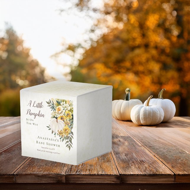 A Little Pumpkin Harvest Gold Floral Baby Shower Favor Box ("A Little Pumpkin" White Pumpkin and Gold Floral Baby Shower Cube Favor Box)