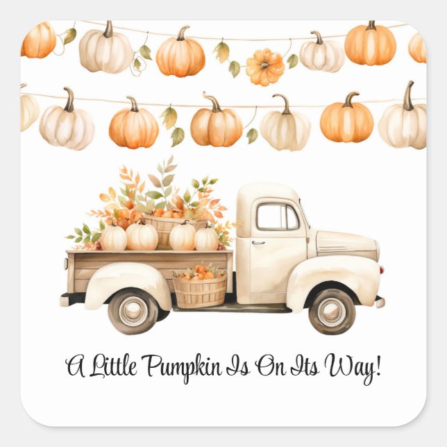 A Little Pumpkin Is On Its Way Baby Shower Square Sticker (Front)