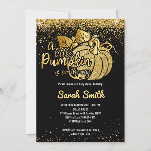 A Little Pumpkin is on The Way Black & Gold Invitation (Front)