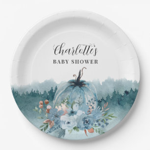 A Little Pumpkin Is On The Way Blue Baby Shower Na Paper Plate