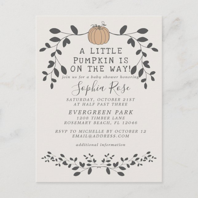 A little pumpkin is on the way neutral baby shower postcard (Front)