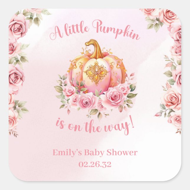 A little pumpkin is on the way pink and gold girl  square sticker (Front)