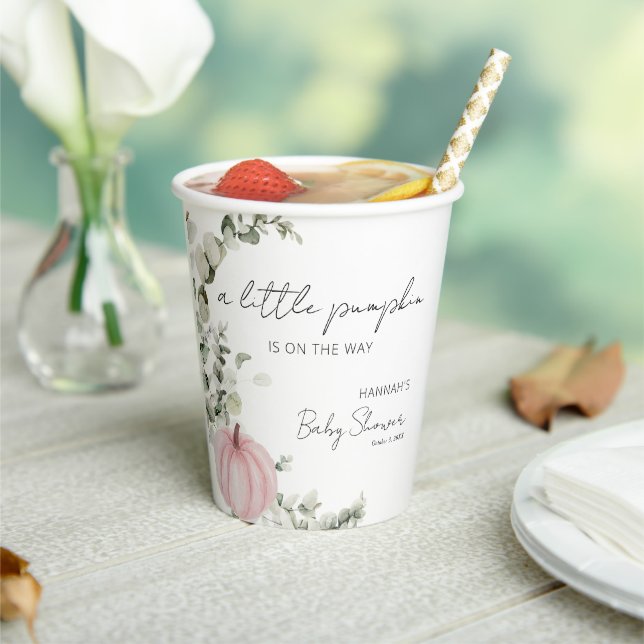 A Little Pumpkin is on the Way Pink Baby Shower Paper Cups (Insitu)
