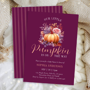 A Little Pumpkin Is On The Way Purple Baby Shower Invitation