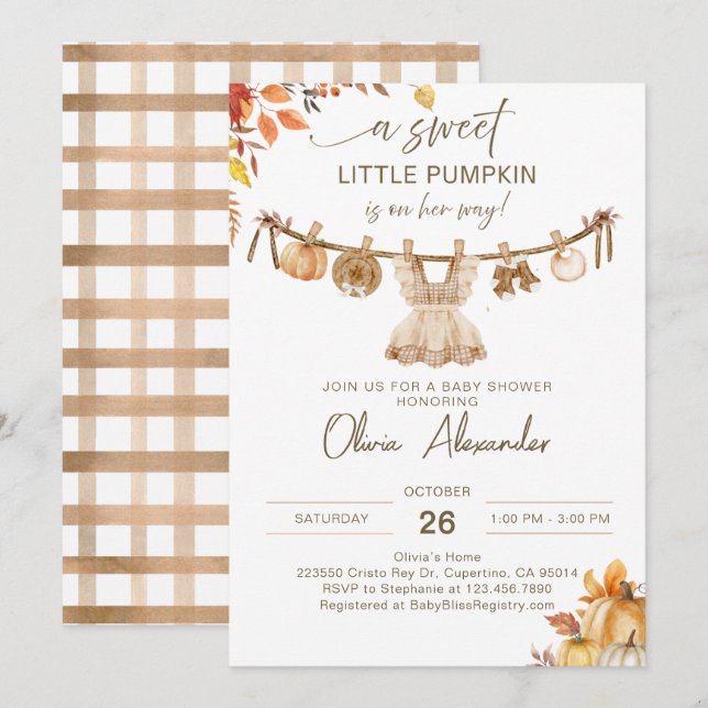 A Little Pumpkin On Her Way, Fall Laundry Boho  Invitation (Front/Back)